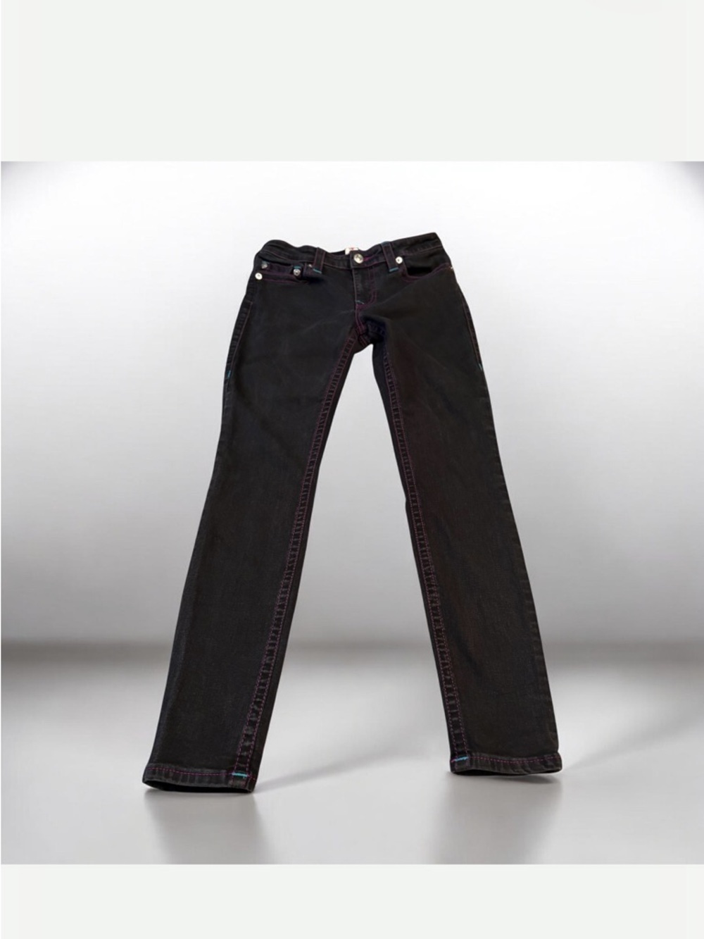 True Religion Black Curvy Skinny Jeans with Purple Stitching